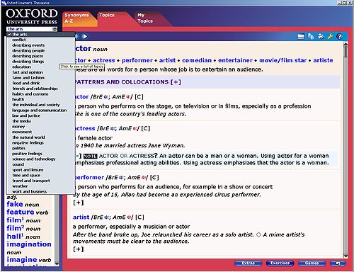 Oxford Learner's Thesaurus[2008:first]: Topics window